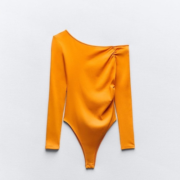 Zara Tops - Zara Womens Orange One Shoulder Ruched Long Sleeve Bodysuit Small Asymmetrical